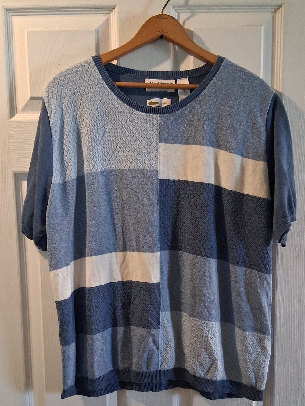 Alfred Dunner Blue and White Patchwork Short-Sleeve Knit Tee